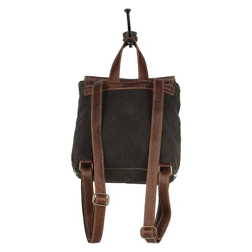 Myra Bag Handmade Leffis Backpack Upcycled Canvas & Cowhide Leather